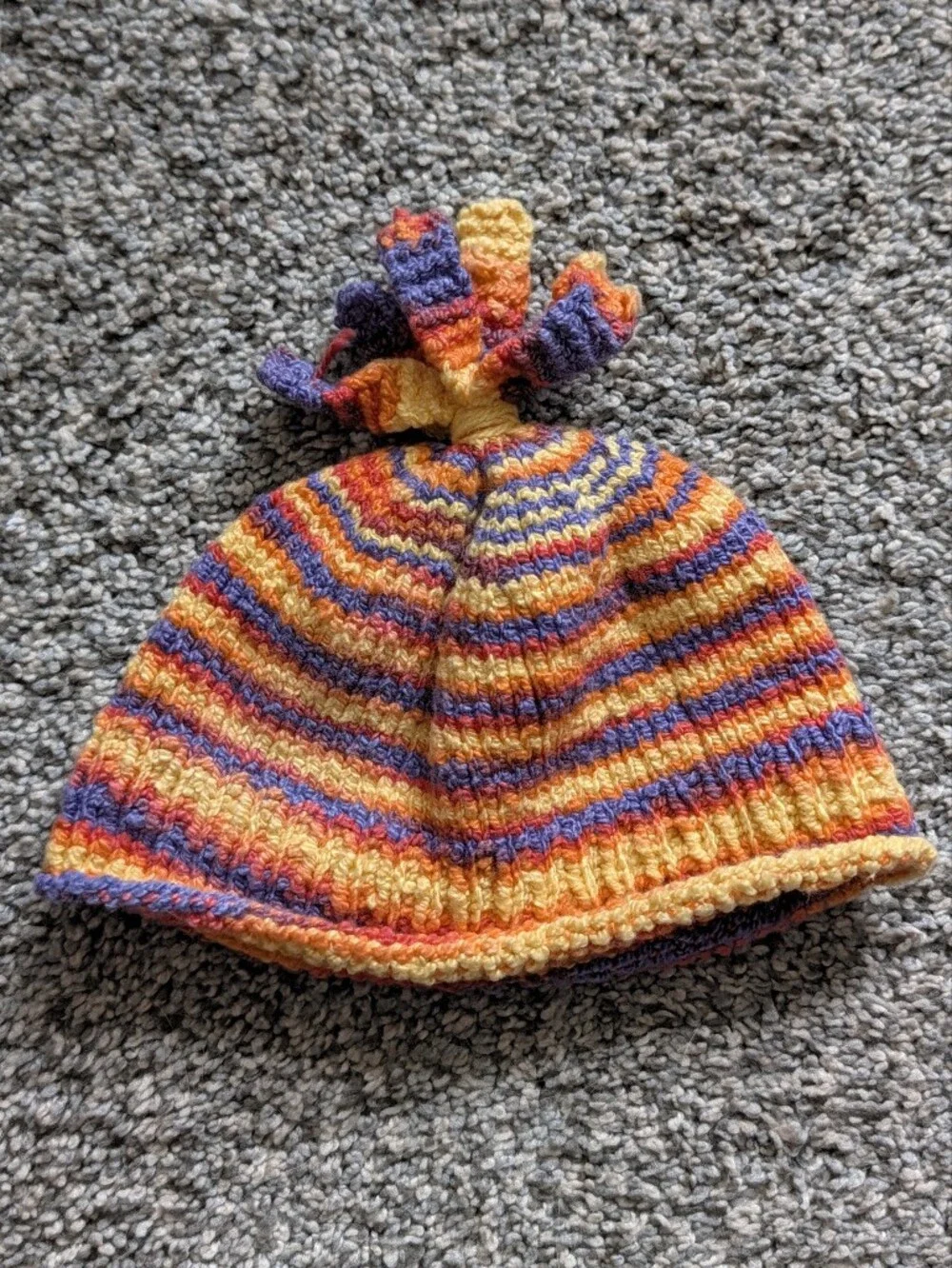 Striped Knit Pom Baby Hat in Orange, Purple & Yellow